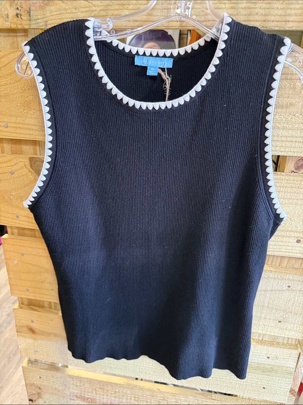 Draper James Black Ribbed Tank with White Scalloped Trim